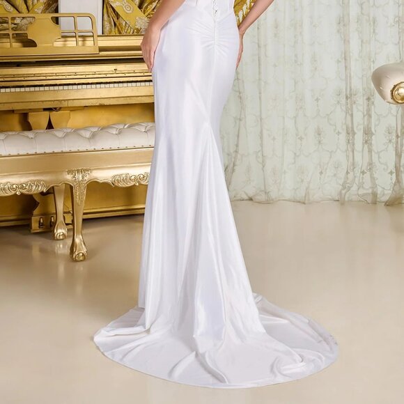 New Strapless Off White Bridal Gown w/ Semi Boat Neck & Lace Up Back GL3717 - Picture 14 of 14